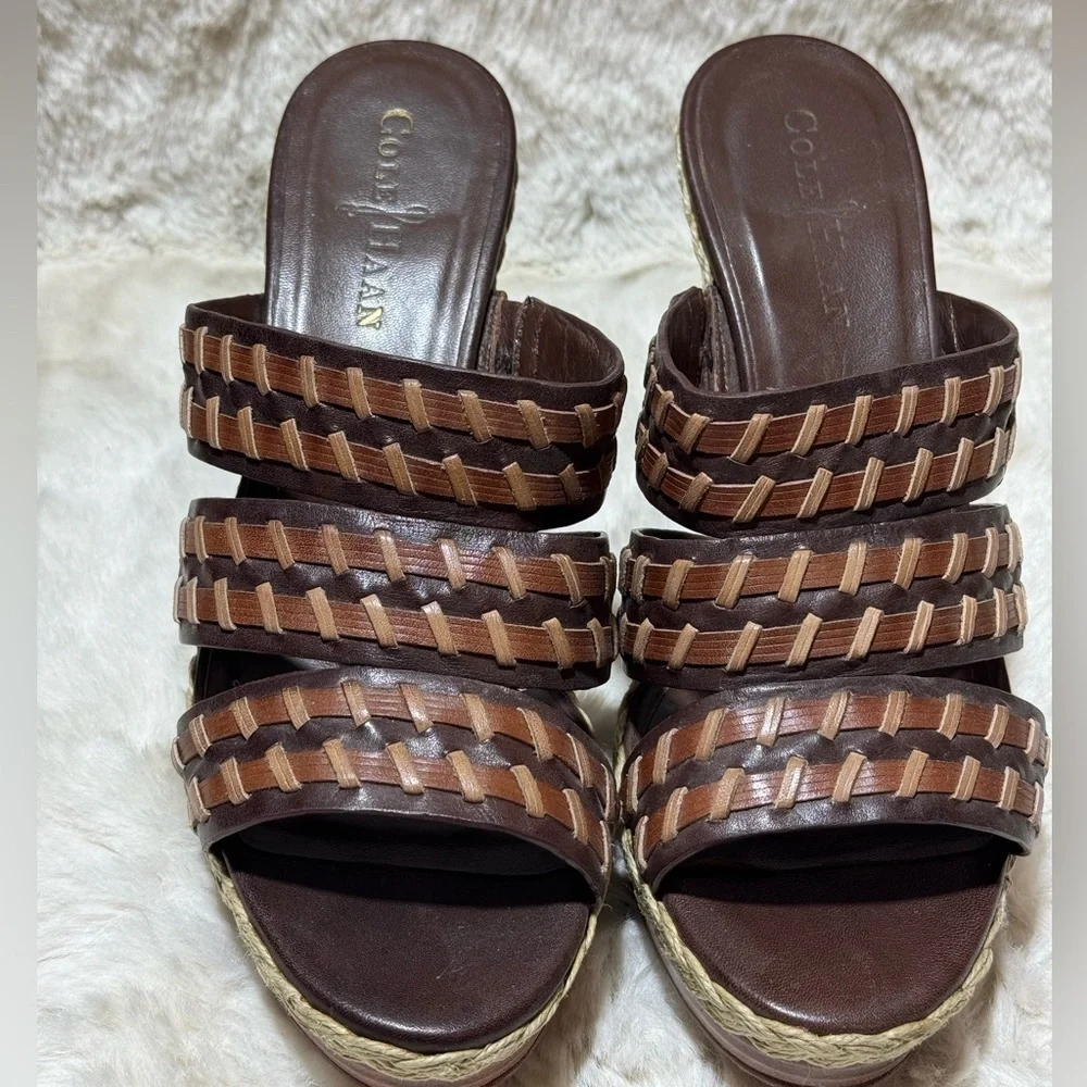 COLE HAAN stitch wedge brown heal leather espadrille slides shoes 7.5B